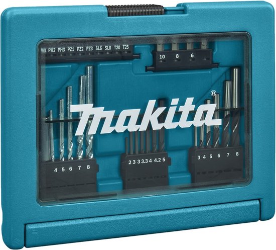 Makita boor- en schroefbitset in turquoise koffer met transparant deksel. Bits georganiseerd in vakken.