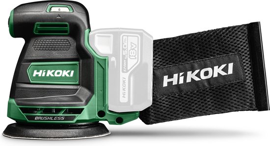 HiKOKI accuschuurmachine in groen en zwart met 18V 5.0Ah accu en stofzak.