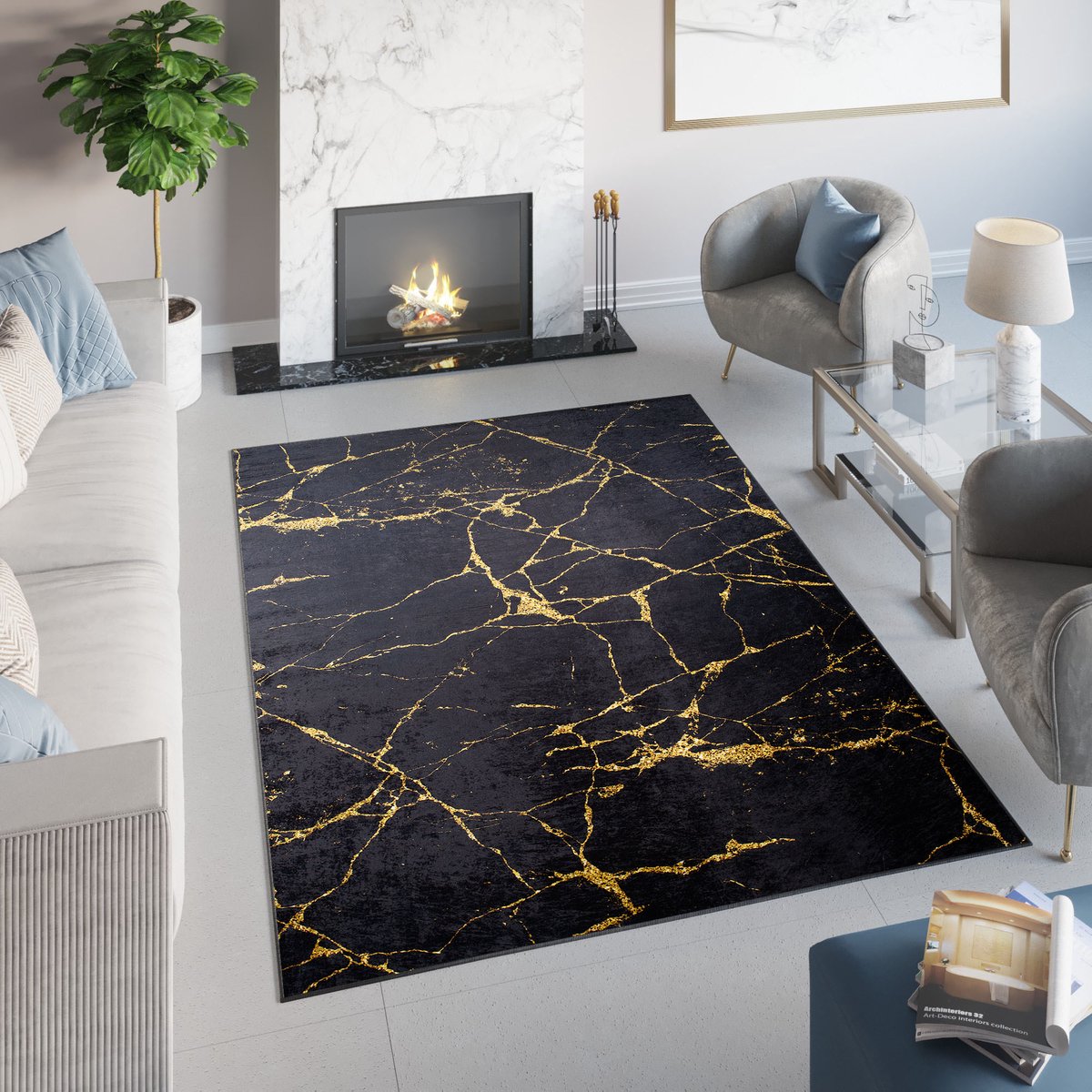 Tapiso Toscana Vloerkleed Glamour Zwart Gouden Laagpolig Tapijt Maat- 80x200