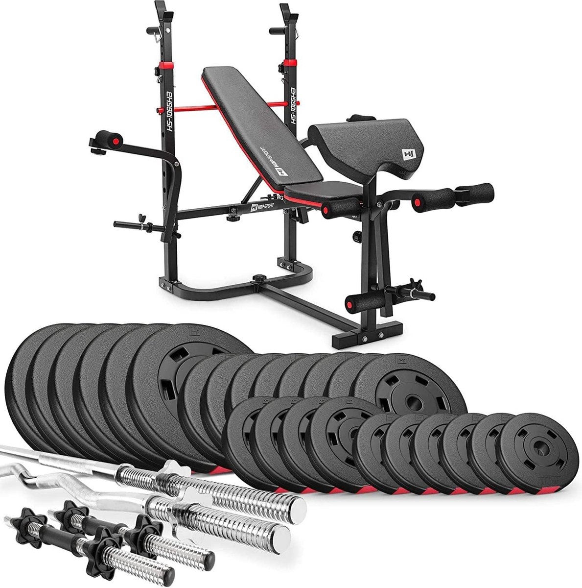 Bol.com Hop-Sport Halterbank Krachtstation HS-1065 - Verstelbare Fitnessbank met Curlpult, Lange Halterstang, Curlstang en Korte... aanbieding