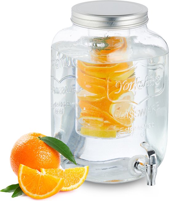 Foto: Relaxdays drankdispenser met infuser tapkraan deksel 8 liter glazen limonadetap doorzichtig 8 liter