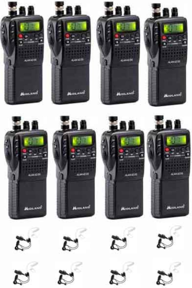 Set van 8 Midland Alan 42DS 27mc Portofoons 4 Watt FM/AM met beveiliging oortje