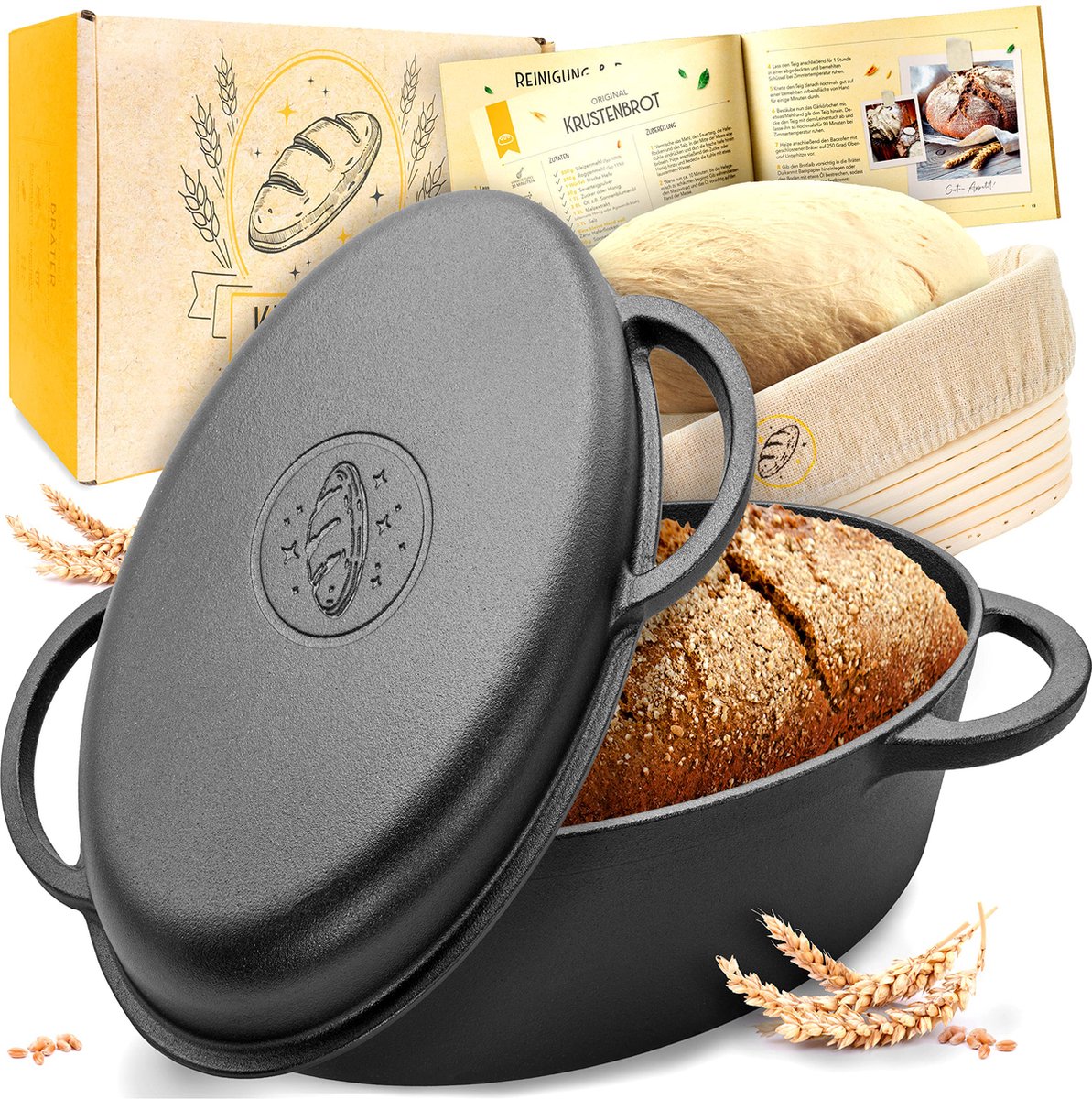 KRUSTENZAUBER 34 cm gietijzeren braadpan met deksel geschikt voor oven inclusief rijsmand - ovale gietijzeren pan voor het bakken van brood - ideaal als ovenschaal inductiebrander broodbakpot broodbakaccessoires
