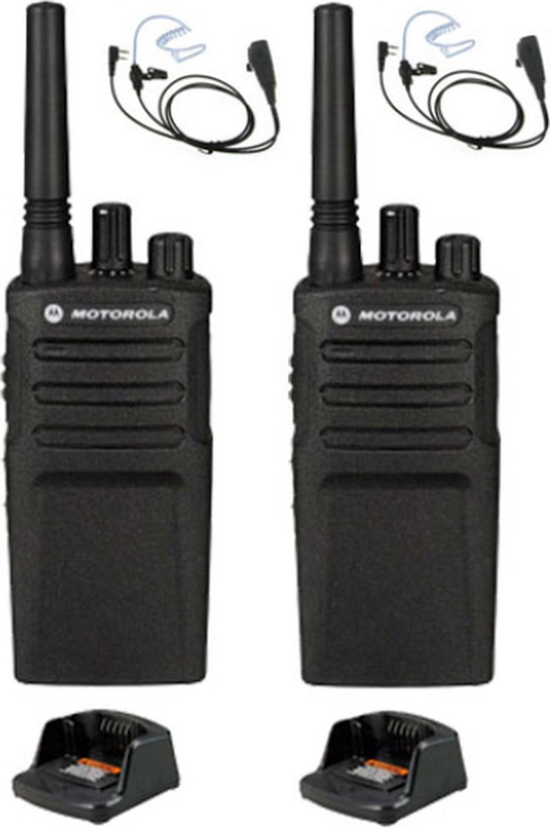 Set van 2 Motorola XT420 UHF IP55 PMR446 met laders en beveiliging oortje M1 2-Pins
