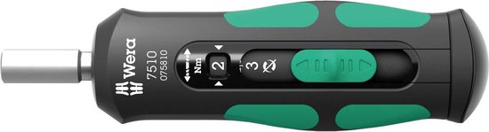 Tournevis dynamométrique Wera 7510. Noir avec poignée verte. La molette affiche 2 Nm. Quatre boutons verts à l'extrémité.