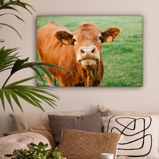 Tableau sur toile Vache - Marron - Herbe - 90x60 cm - Décoration murale