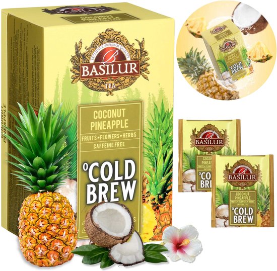 BASILUR Cold Brew - Thé aux fruits sans caféine au goût de Kokos et d'ananas, Thee infusé à froid en sachets 20 x 2 g
