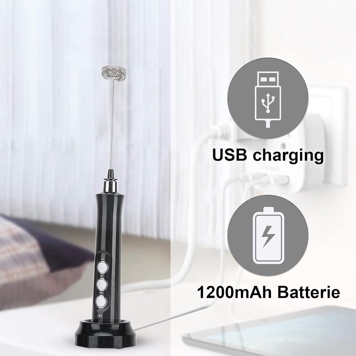 Handheld automatische melkopschuimer met dubbele garde - USB opladen - voor koffie latte cappuccino room eieren - melkrek eierracket — cadeau in Kookcadeaus - foto 4