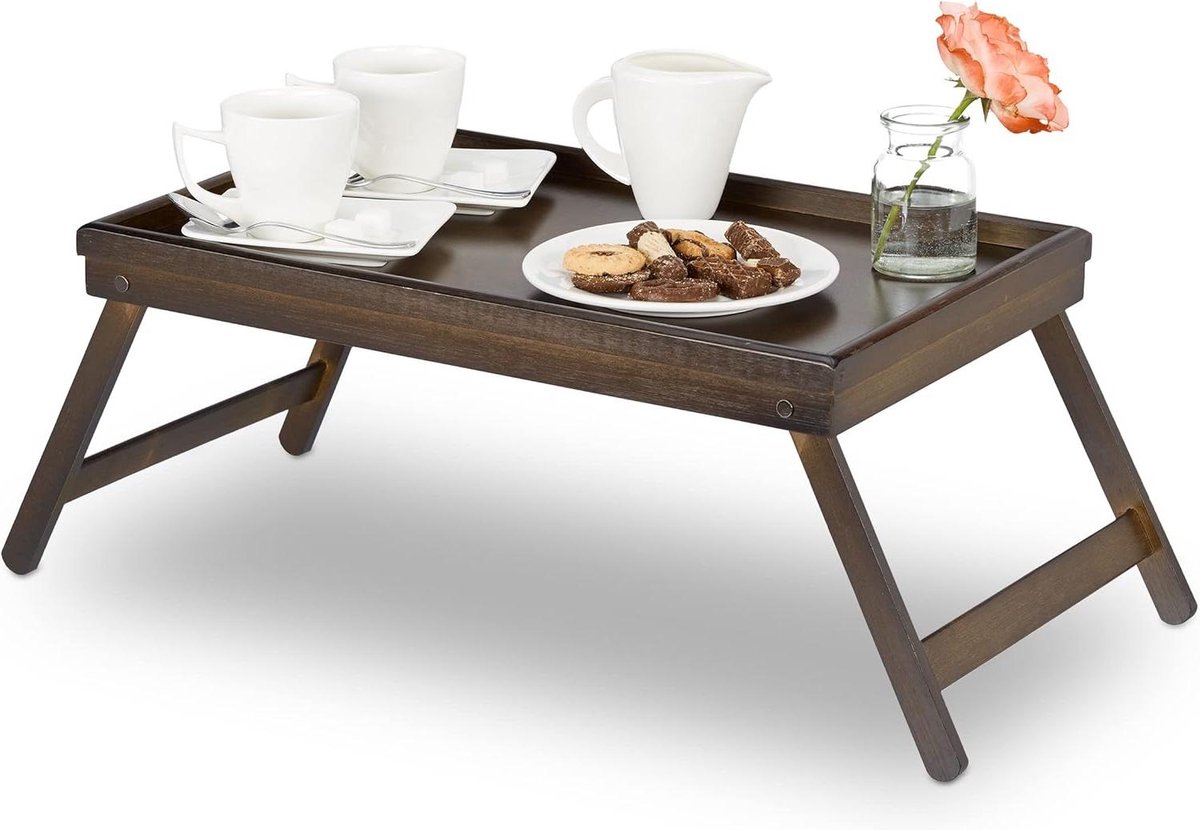 Bamboe bedtafel met opstaande rand en pootjes - ideaal voor ontbijt op bed - donkerbruin - 22x64x31cm auto tafeltje kind