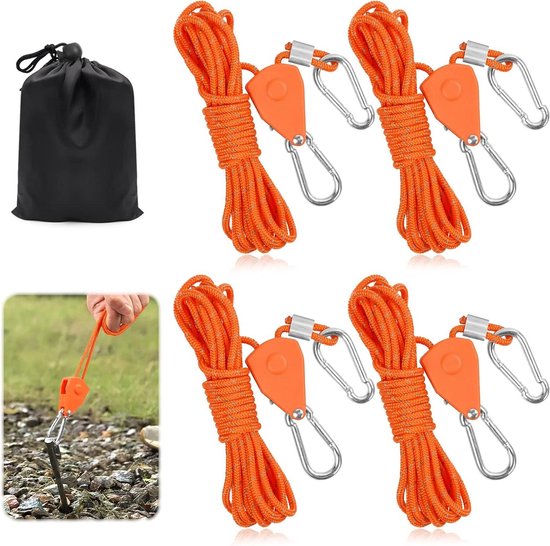 4 Stück Abspannseile mit Seilspanner, 4m x 4mm Einstellbare Seil Ratsche mit Haken, Camping Seil mit Spanner, Reflektierende Seilratsche, Windfestes Seil, Zeltschnur Leuchtend für Zelte,Sonnensegel