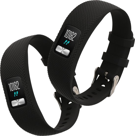 Twee zwarte, geribbelde TPU bandjes voor Garmin Vivofit 4 met zilveren gespen.