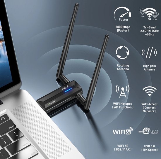 Zwarte EDUP WiFi 6E (802.11AX) adapter met twee antennes op een laptop. USB 3.0, tri-band 2.4/5/6 GHz, 3000Mbps, roterende antenne.