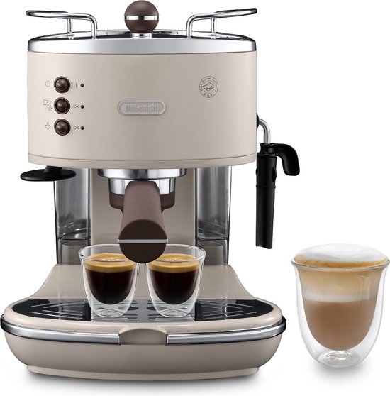 Beige De'Longhi Icona Vintage espressomachine met twee glazen espresso en een glas cappuccino.