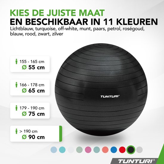 Tunturi Anti Burst Fitness bal met Pomp - Yoga bal 90 cm - Pilates bal - Zwangerschapsbal – 220 kg gebruikersgewicht - Incl Trainingsapp – Zwart