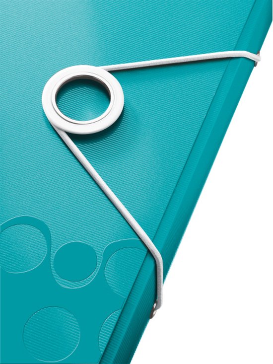 Detail van een turquoise Leitz projectmap met cirkelpatroon en sluitelastiek.