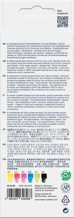 Arrière de l'emballage des marqueurs doubles Faber-Castell Goldfaber Aqua avec informations produit.