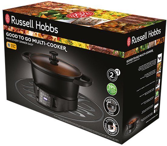 Verpakking van de Russell Hobbs Good to Go Multicooker, zwarte multicooker op een mat.