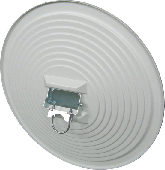 Grijze schotelantenne met concentrische ribbels en montagebeugel.