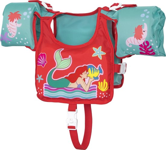 Rood zwemvest met zeemeermin, vissen en zeewierprint. Turkooizen armstukken met zeepaardjes. Bestway logo.