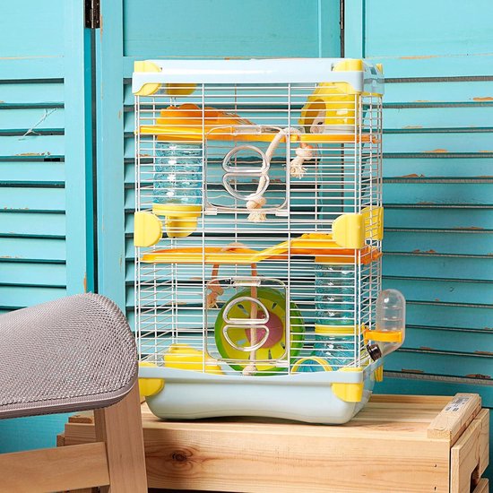 Kooi voor hamsters, Roborowski, kooi voor hamsters, 27.7*20.5*42.5cm, 2 etages, met wiel, drinkbak (roze