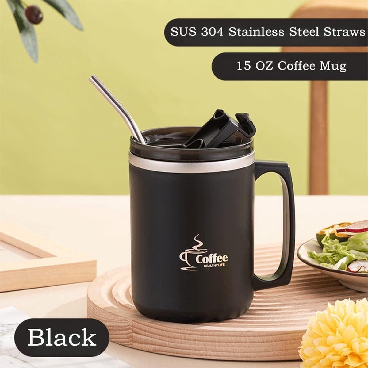 Tasse de voyage sous vide à double paroi avec poignée et couvercle – Tasse à café