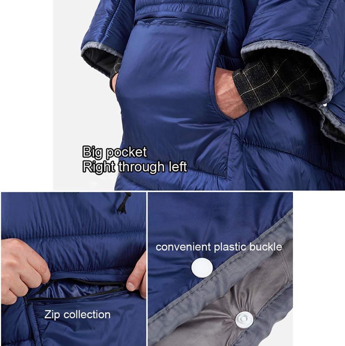 ATEPA Campingdeken, lichtgewicht outdoor reisdeken, draagbare deken met capuchon, luie quilt (Blauw
