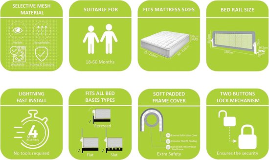 Barrière de lit pour tout-petits - gris - 150 cm - UK- BG-BM-150-485 - dans des lits réglables - barrière de lit pour enfants et bébés