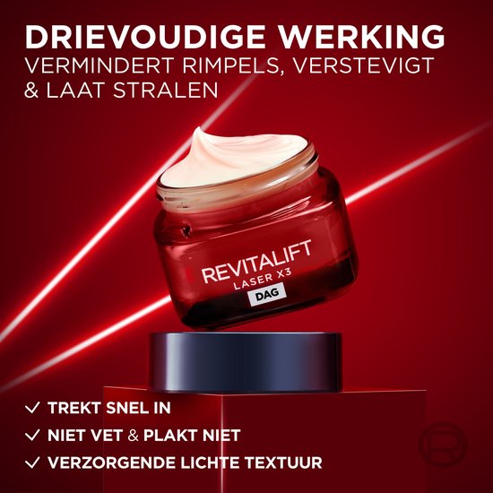 Rode pot met crème, Revitalift Laser X3 DAG. Drievoudige werking, vermindert rimpels, verstevigt & laat stralen.