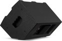 Zwarte Power Dynamics actieve speaker in monitorpositie, detail van de achterkant met koeling.