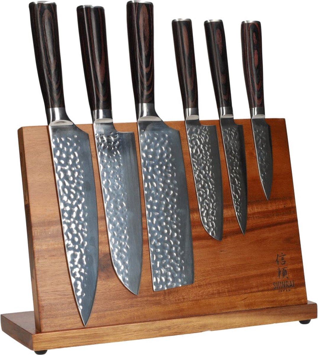 Hammered RVS 6-delige Messenset + Acacia houder enkelzijdig