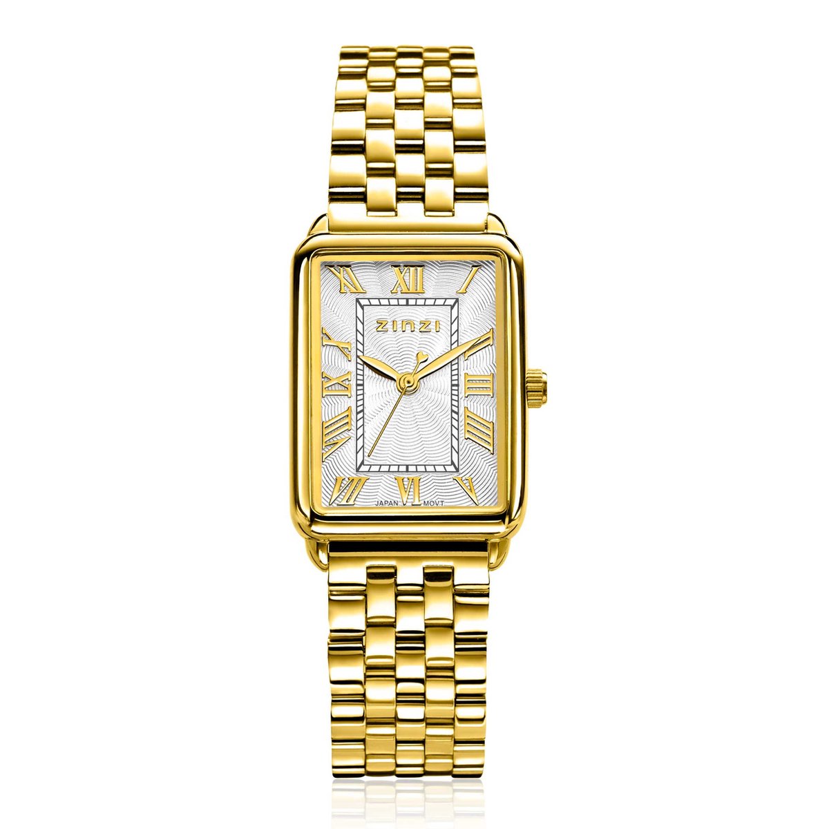 ZINZI Elegance bicolor horloge witte wijzerplaat en rechthoekige goudkleurige kast en geel vergulde stalen schakelband 28mm extra dun ZIW1907GB
