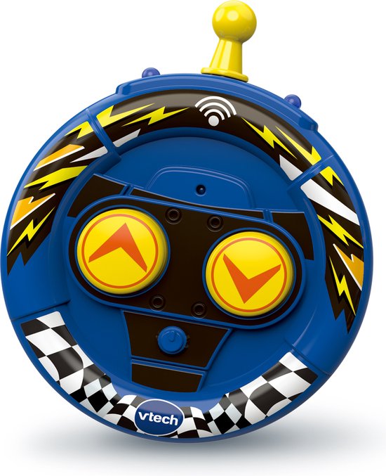 Blauw VTech stuurwiel afstandsbediening met geel knopje, twee gele knoppen met rode pijlen en racestrepen.