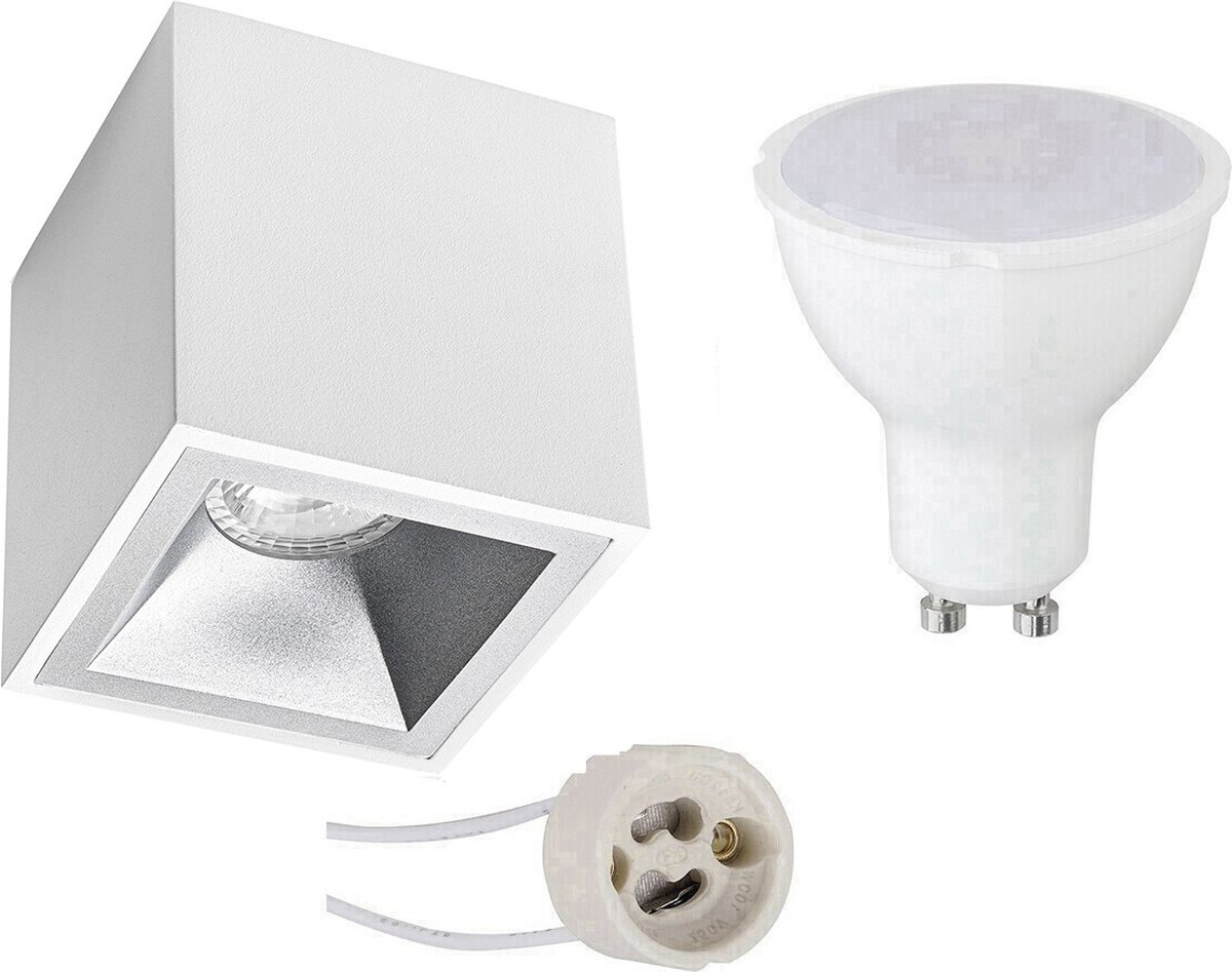Opbouwspot Set - Proma Cliron Pro - GU10 Fitting - Opbouw Vierkant - Mat Wit/Zilver - 4W - Warm Wit 3000K - Verdiept - 90mm