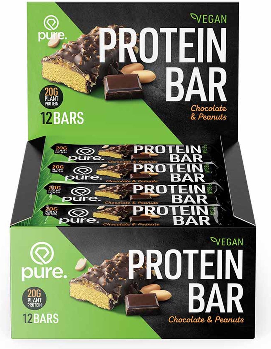Goedkoopste Pure. Protein Bar Vegan - Chocolade & Pinda's - 12 eiwitrepen - eiwit reep - eiwit snack - vegan - plantaardige proteïne - sport