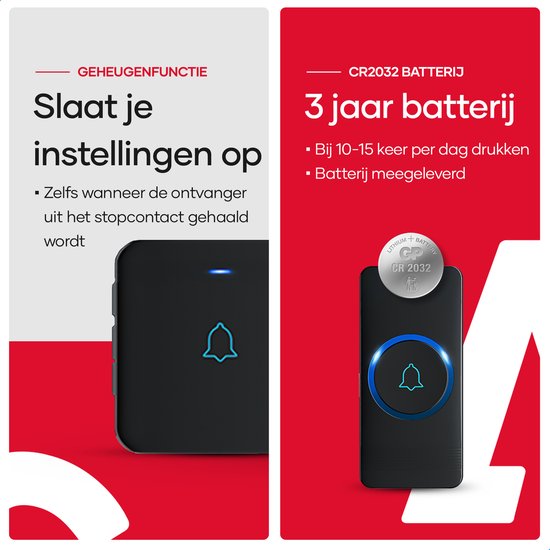 SAVS Draadloze deurbel met 2 ontvangers - Zwart - Bereik 400 meter - Waterdicht - Ontvangers zonder batterijen - 52 melodieën — afbeelding 3