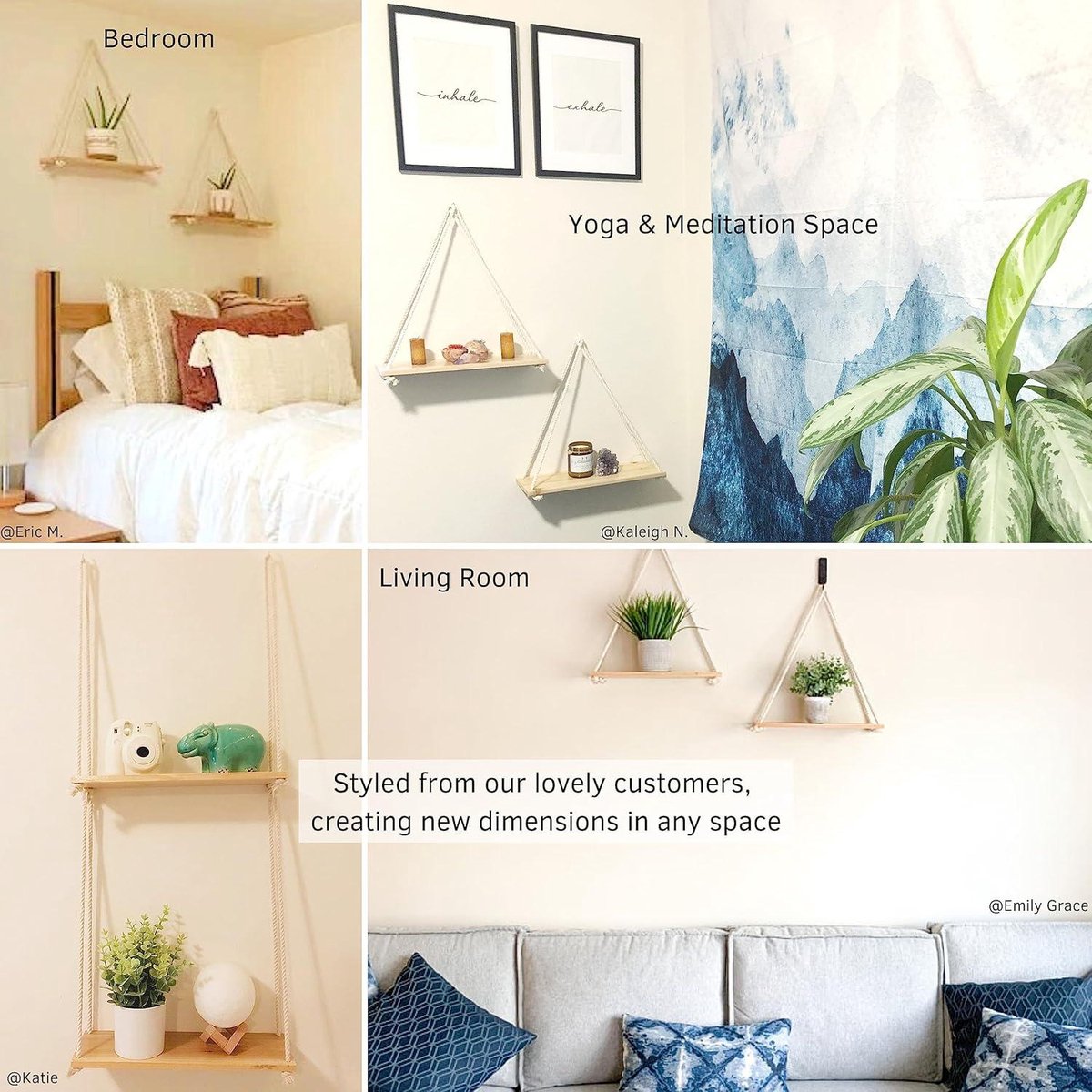 Mkono Macramé Hangende Planken Boho Wanddecoratie Set van 2 Rustieke Houten Drijvende Opbergplank voor Slaapkamer Badkamer Woonkamer Kinderkamer Slaapzaal Display Planken voor Hangende Planten Foto's