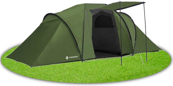 Springos Tunneltent |Kampeertent | Tent | Waterdicht | 4 Persoons | 2 Slaapkamers | Groen | 460 x 200 x 245 cm