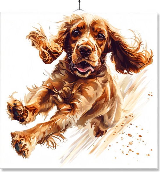 Un cocker spaniel joyeux et sautant avec de longues oreilles brunes ondulantes, représenté sur un fond blanc avec de légers coups de pinceau.