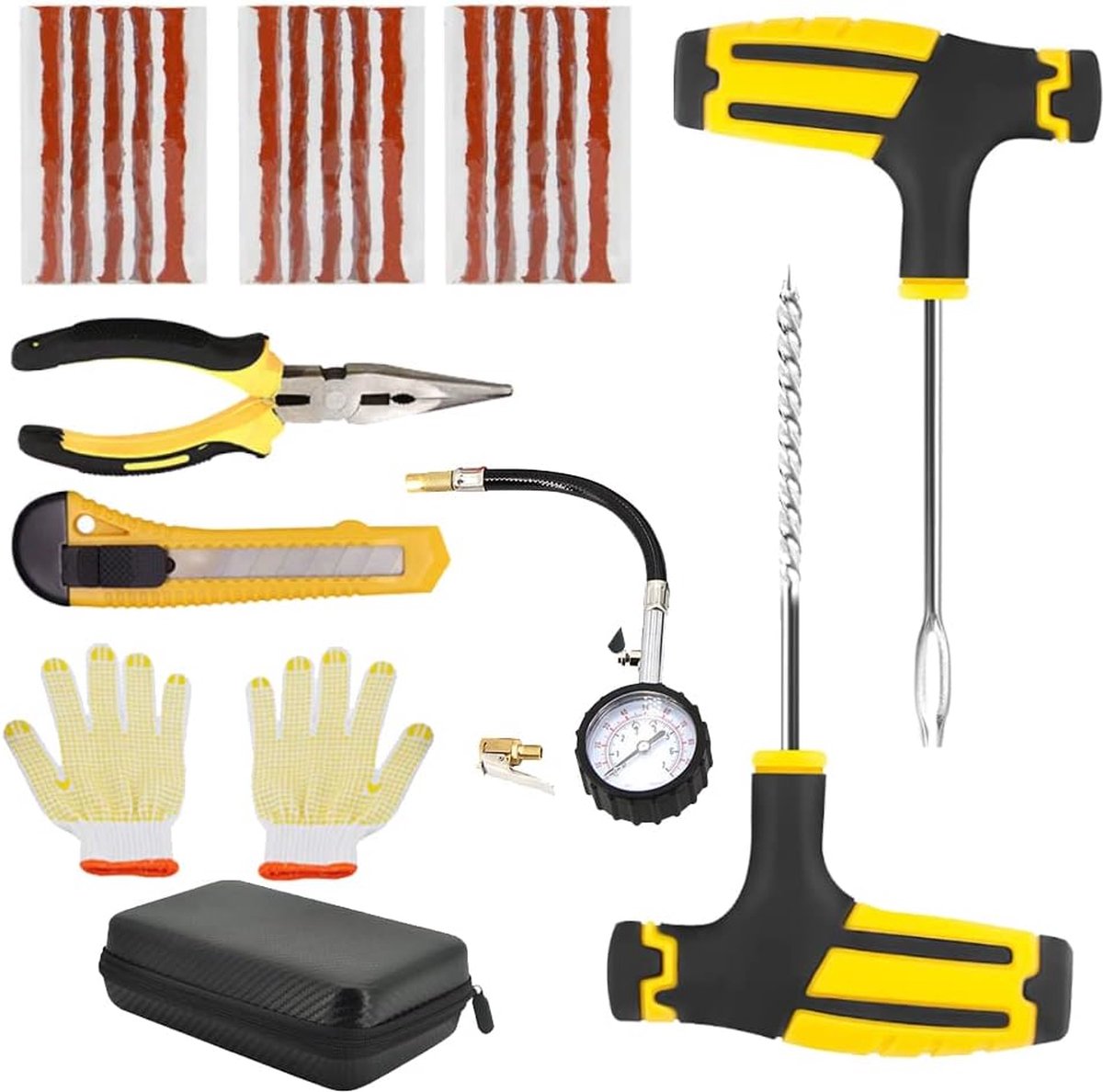 Bandenreparatiegereedschap - 23 stuks met bandenspanningsmeter en handschoenen - bandenreparatieset voor auto motorfiets - langere levensduur Bandreparatieset auto