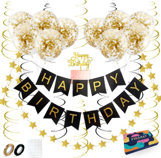 Ensemble de décoration de fête : bannière 'Happy Birthday', guirlande d'étoiles, ballons à confettis, décorations spirales, ruban, ruban adhésif et boîte de rangement.