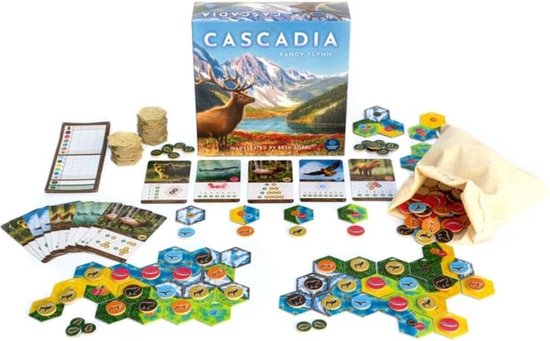 Cascadia bordspel spelcomponenten en doos op witte achtergrond.