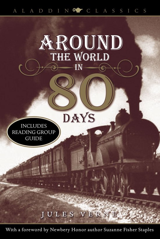 Boekomslag van "Around the World in 80 Days" met een antieke trein en stoom. Bevat de tekst "Includes Reading Group Guide".