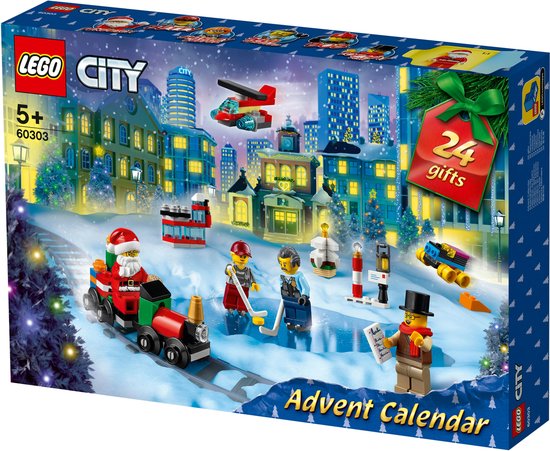 Doos van LEGO City Adventskalender met Kerstman op een trein, spelende kinderen en stadspanorama.