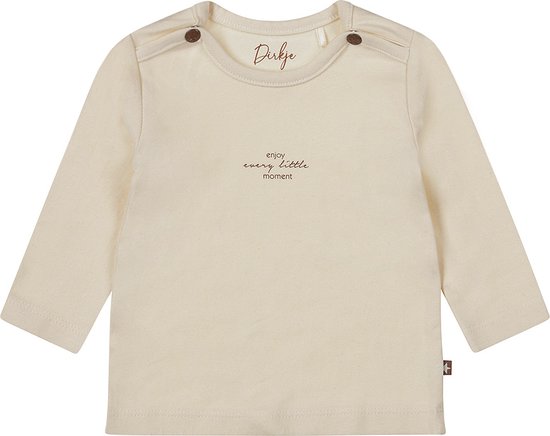 Crème longsleeve shirt met knoopjes op de schouders en de tekst 'enjoy every little moment'.