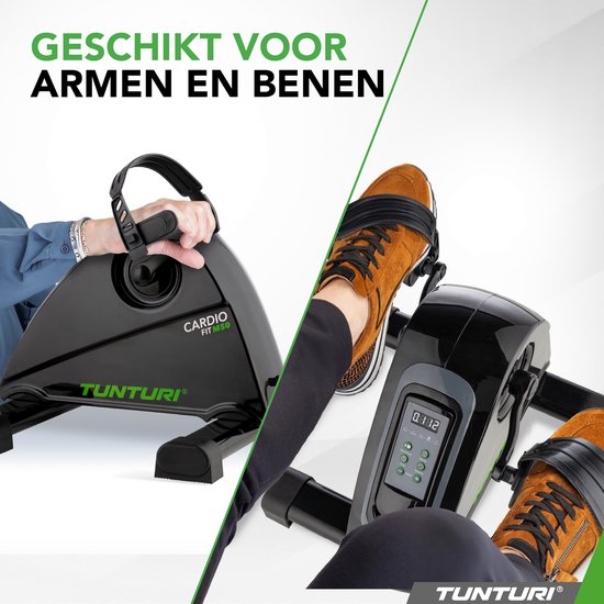 Tunturi Cardio Fit M50 minitrainer geschikt voor armen en benen, met bruine schoenen.
