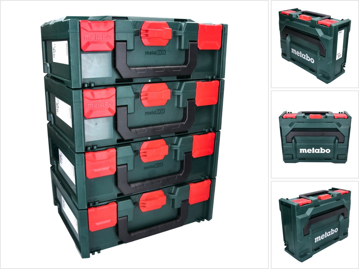 Metabo metaBOX 145 set 4x systeemgereedschapskoffer stapelbaar 396 x 296 x 145 mm + 4x universele inzetstuk