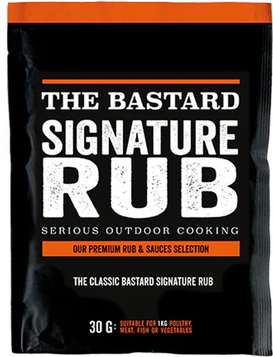 The Bastard Signature Rub kruidenmix, 30g, met oranje en zwarte verpakking.