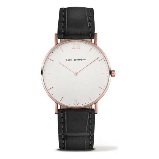 Paul Hewitt Sailor Line Rose Gold White Sand Embossed Black PH-SA-R-ST-W-15M - Horloge - Leer - Zwart - Ø 36mm