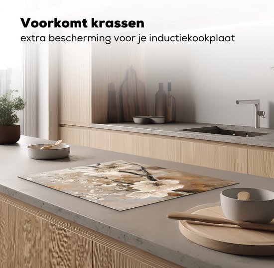 KitchenYeah® Protection plaque induction 71x52.5 cm - Fleurs - Abstrait - Peint - Beige - Protege plaque de cuisson - Couvre plaque induction - Protecteur d'induction - Cuisine