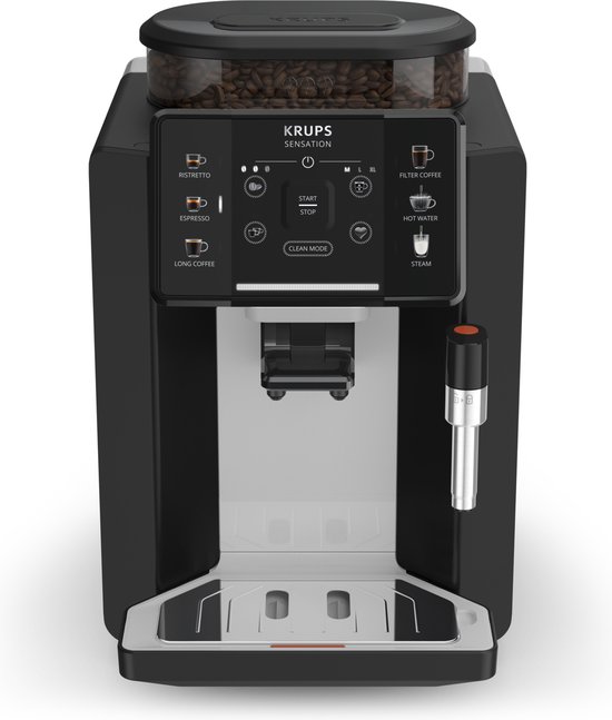 Zwarte Krups volautomatische espressomachine met koffiebonenreservoir, touchscreen en stoompijpje.